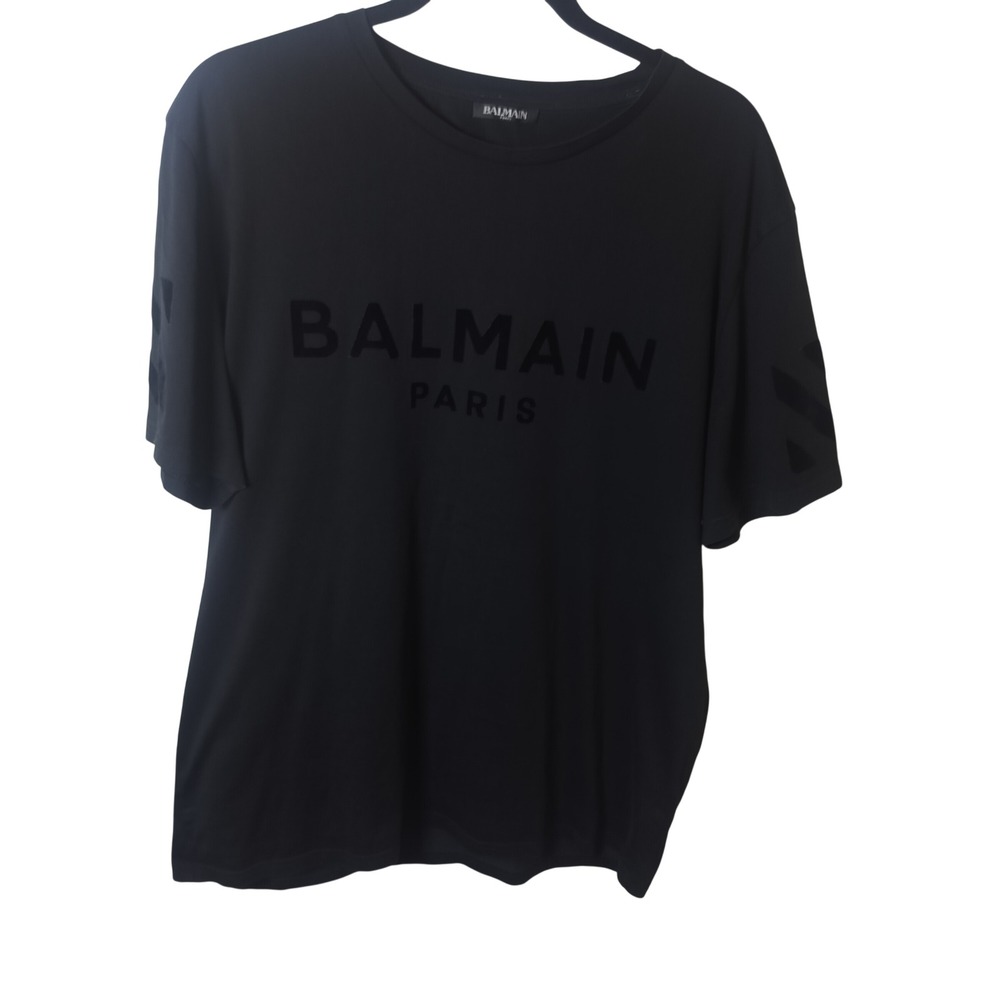 Balmain Paris Flocked Logo T-Shirt Black Velvet Graphic Tee Mens‎ XL